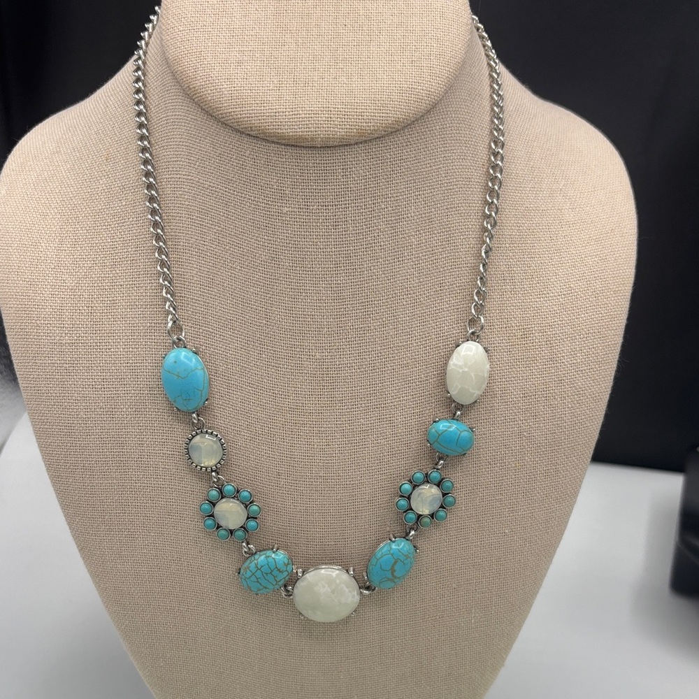 Turquoise and Cream Stone Pendant Necklace with Silver Chain